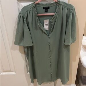 Ann Taylor Green Flutter Sleeve Button Down Blouse